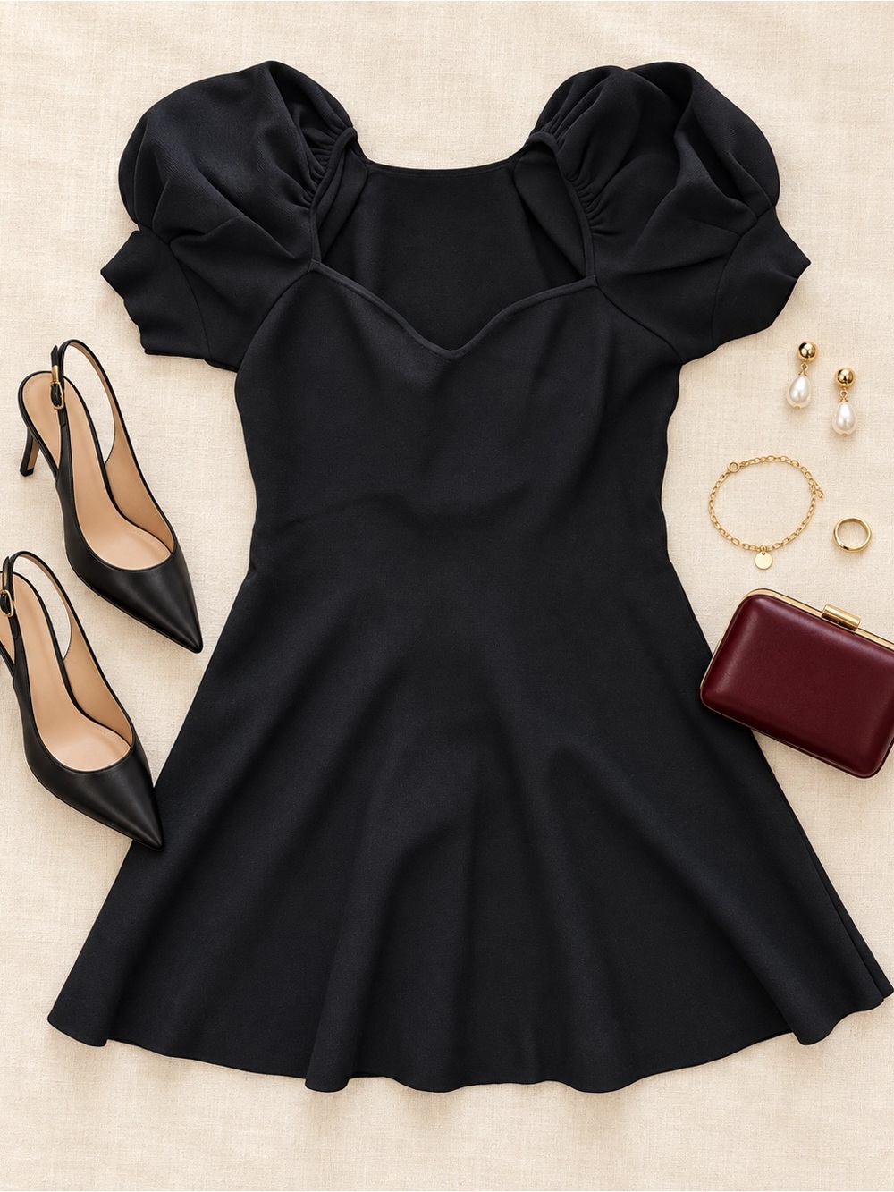 Express Black Dress with Sweetheart Neckline and Puff Sleves